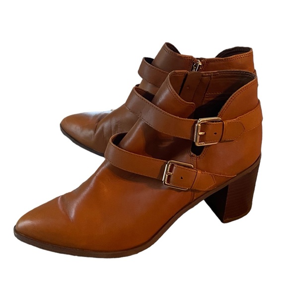 FRANCO SARTO CAMEL LEATHER ANKLE BOOTS WITH STRAPS WOMENS SIZE 10 STACKED HEEL - Picture 8 of 15